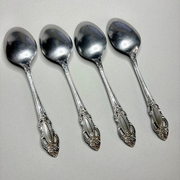 United Silver Co Artistic Rose Place/Oval Soup Spoon Stainless 4pcs Pierced - Picture 2 of 5